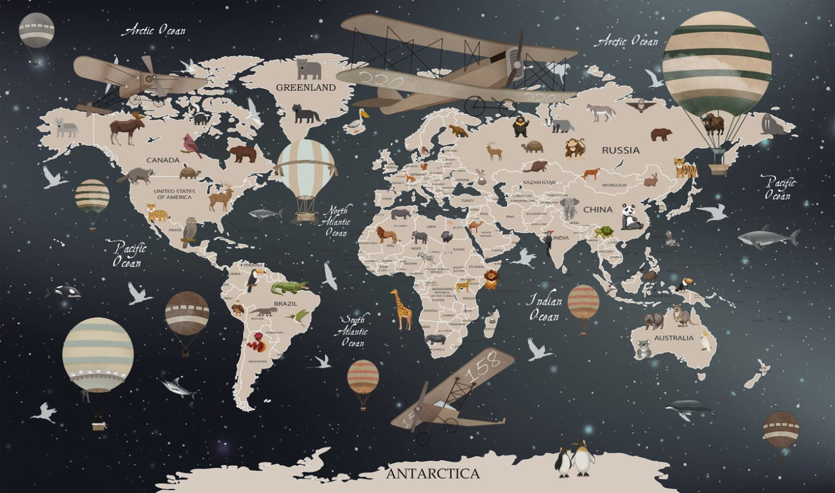 Animals world map wallpaper mural in your room — zoomed