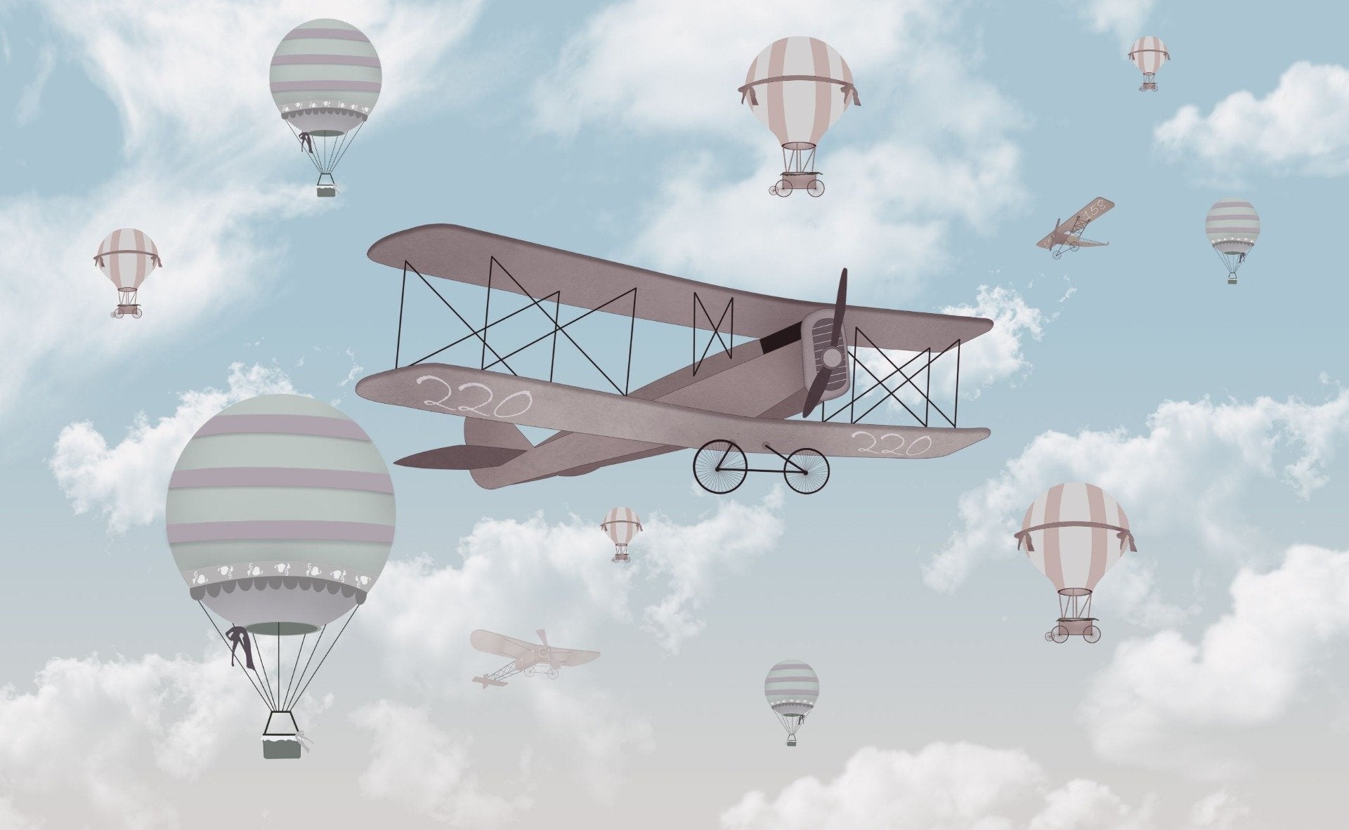 Blue Color Biplane In The Sky Kids Room Wallpaper