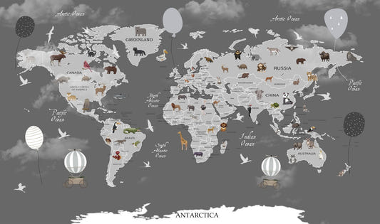 Animals Kids Room Dark Color World Map Wallpaper
