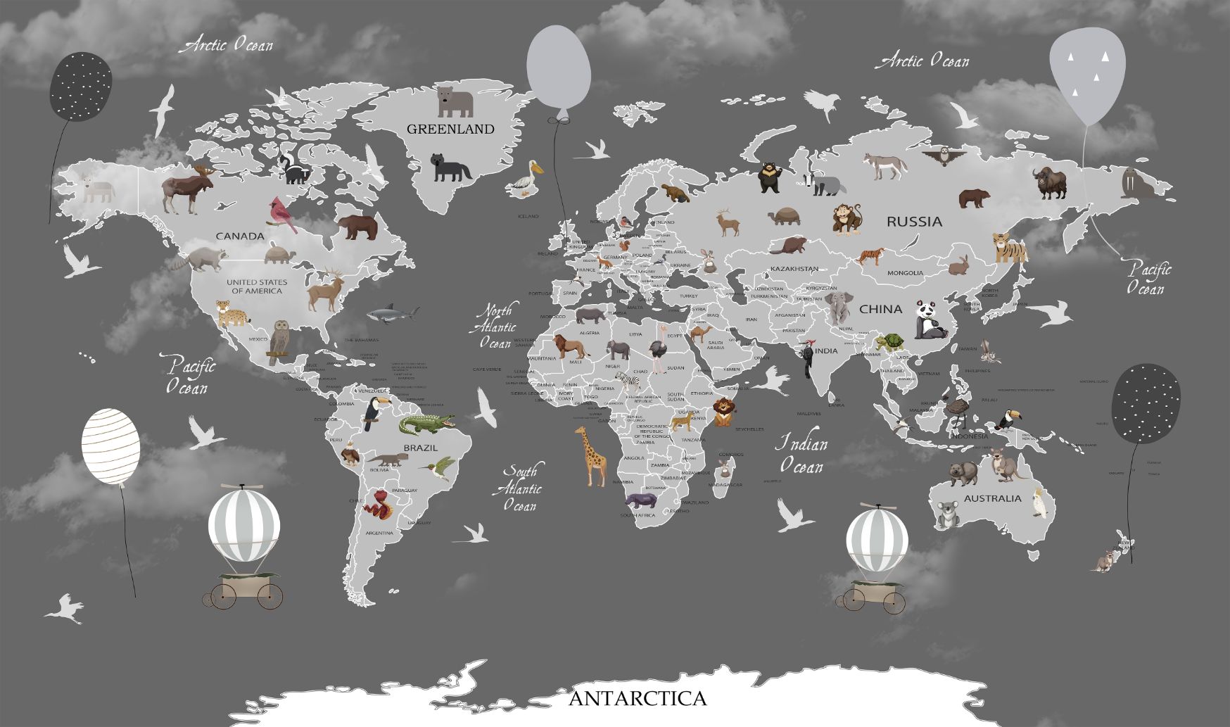 Animals Kids Room Dark Color World Map Wallpaper