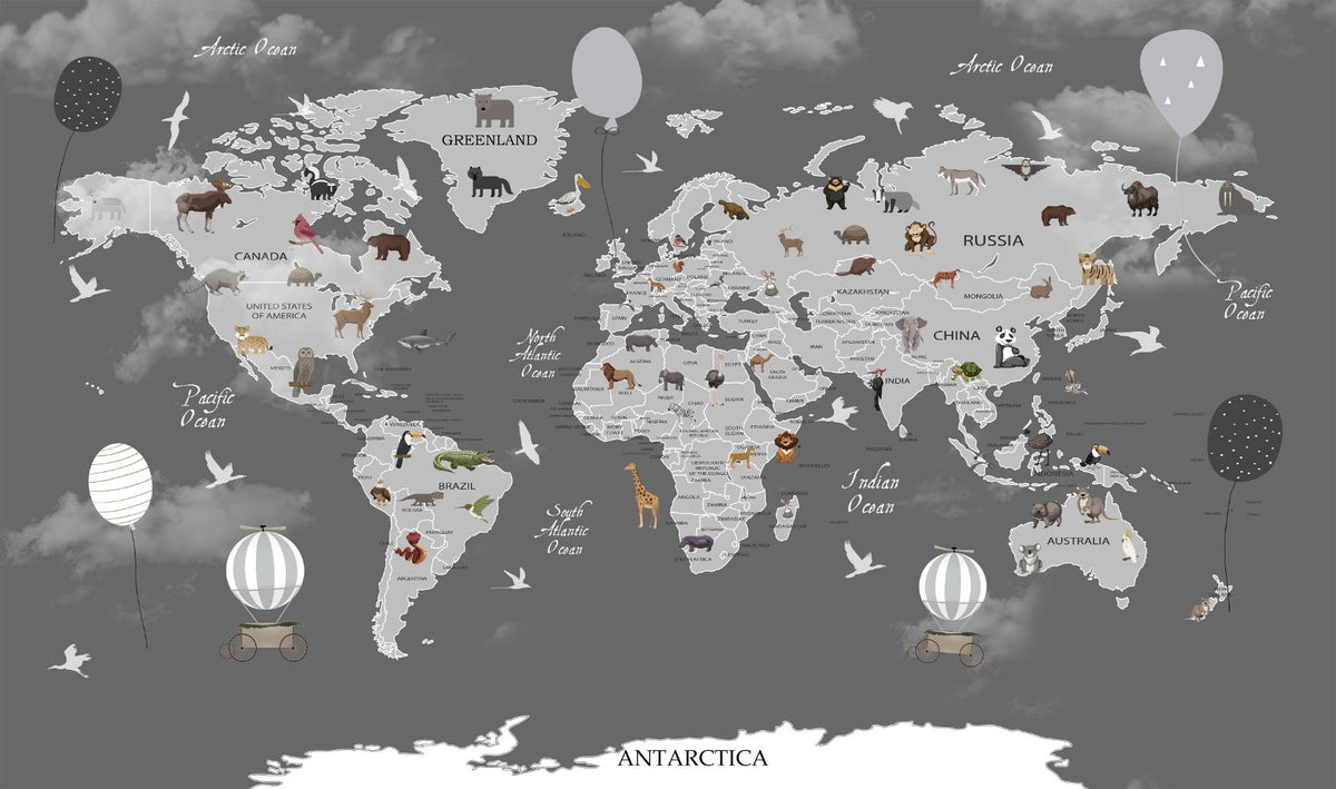 Animals Kids Room Dark Color World Map Wallpaper in your room — zoomed