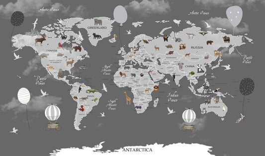 Animals Kids Room Dark Color World Map Wallpaper
