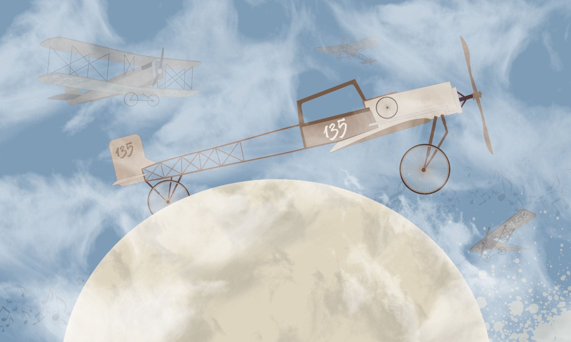 Biplane Planes Moon Kids Room Wallpaper