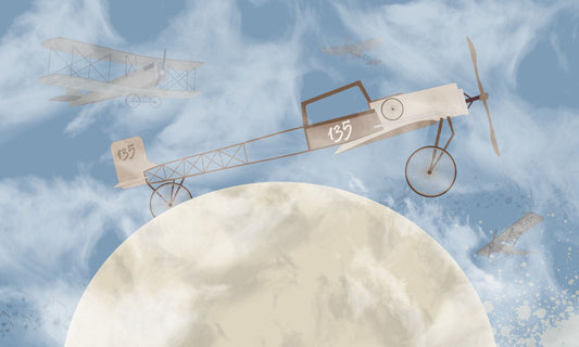 Biplane Planes Moon Kids Room Wallpaper