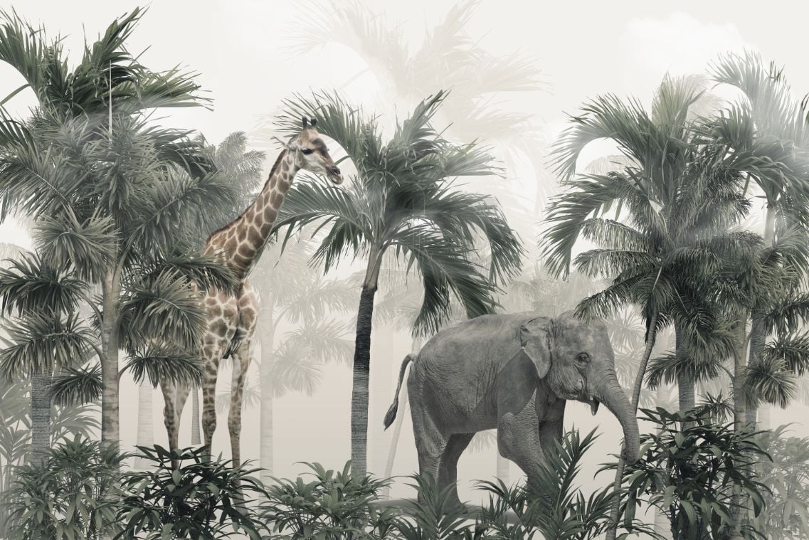 Giraffe & Elephant Wallpaper Murals in your room — zoomed