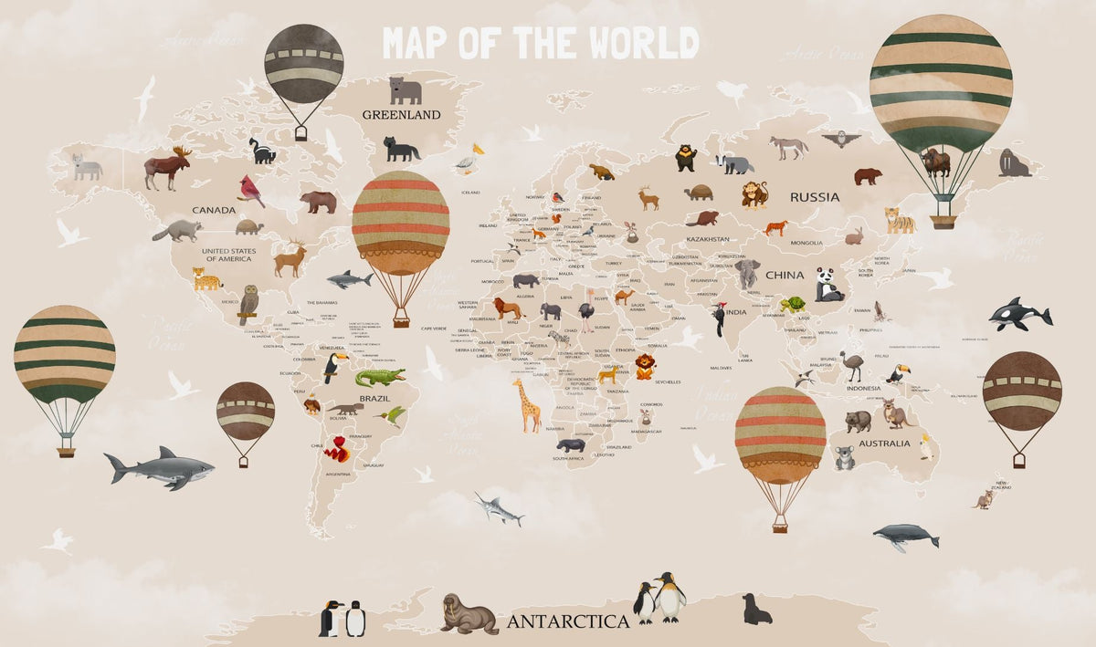Pink Animal World Map Wallpaper Mural in your room — zoomed