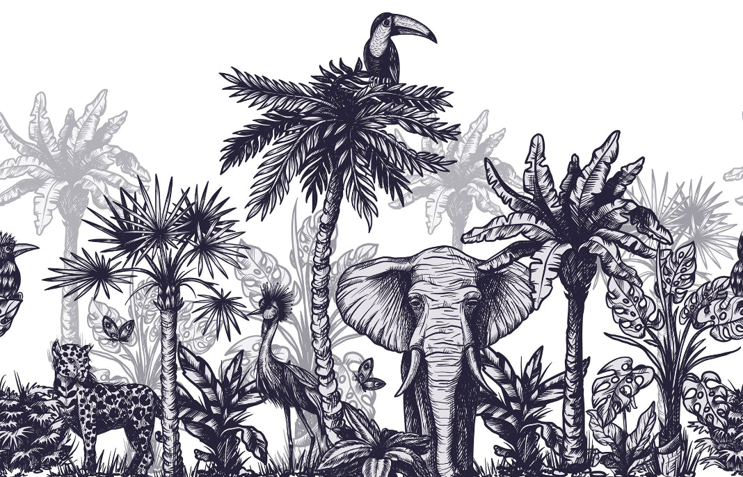 Sketchy Forest Jungle Animals Children Room Wallpaper Murals in your room — zoomed