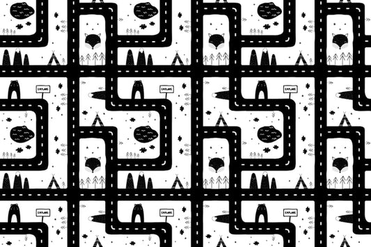 Black & White City Road Kids Room Wallpaper