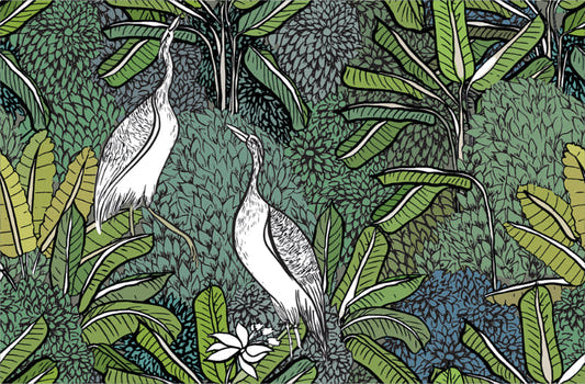 White Crane Birds & Green Tropical Plants Wallpaper