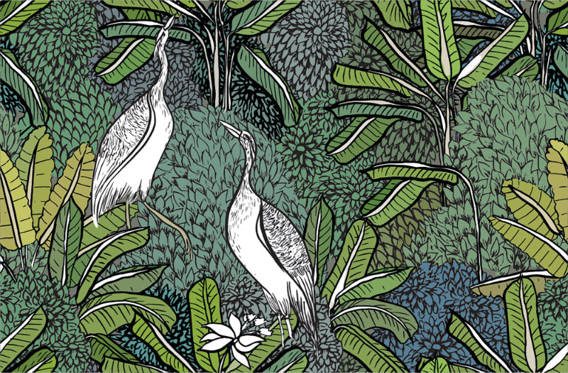 White Crane Birds & Green Tropical Plants Wallpaper