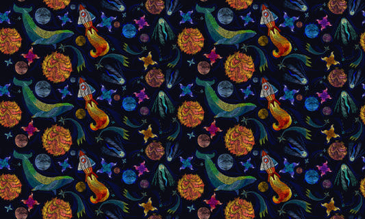 Whales Embroidery Universe Nursery Wallpaper