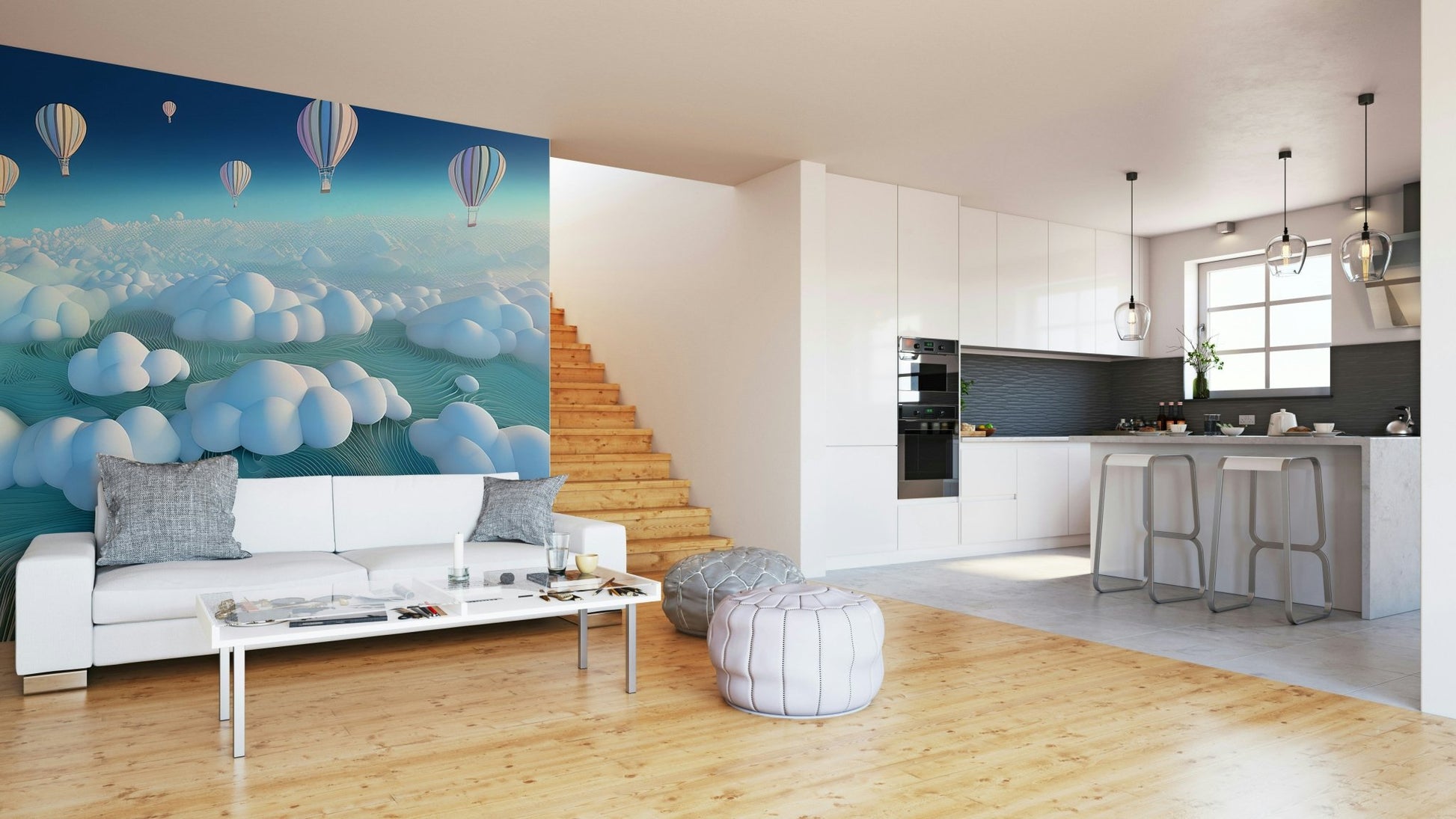 Soft pink and blue tones in Above the Cloud Sea mural

