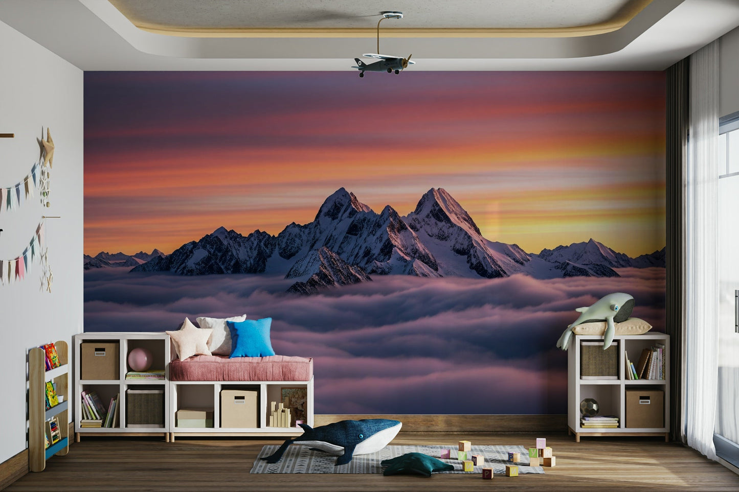 The mural is created for an entire wall, providing an immersive feel.
