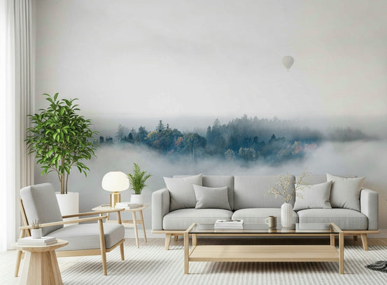 A beautiful panoramic vista wallpaper mural of mountain peaks rising above the mist., GD5850
