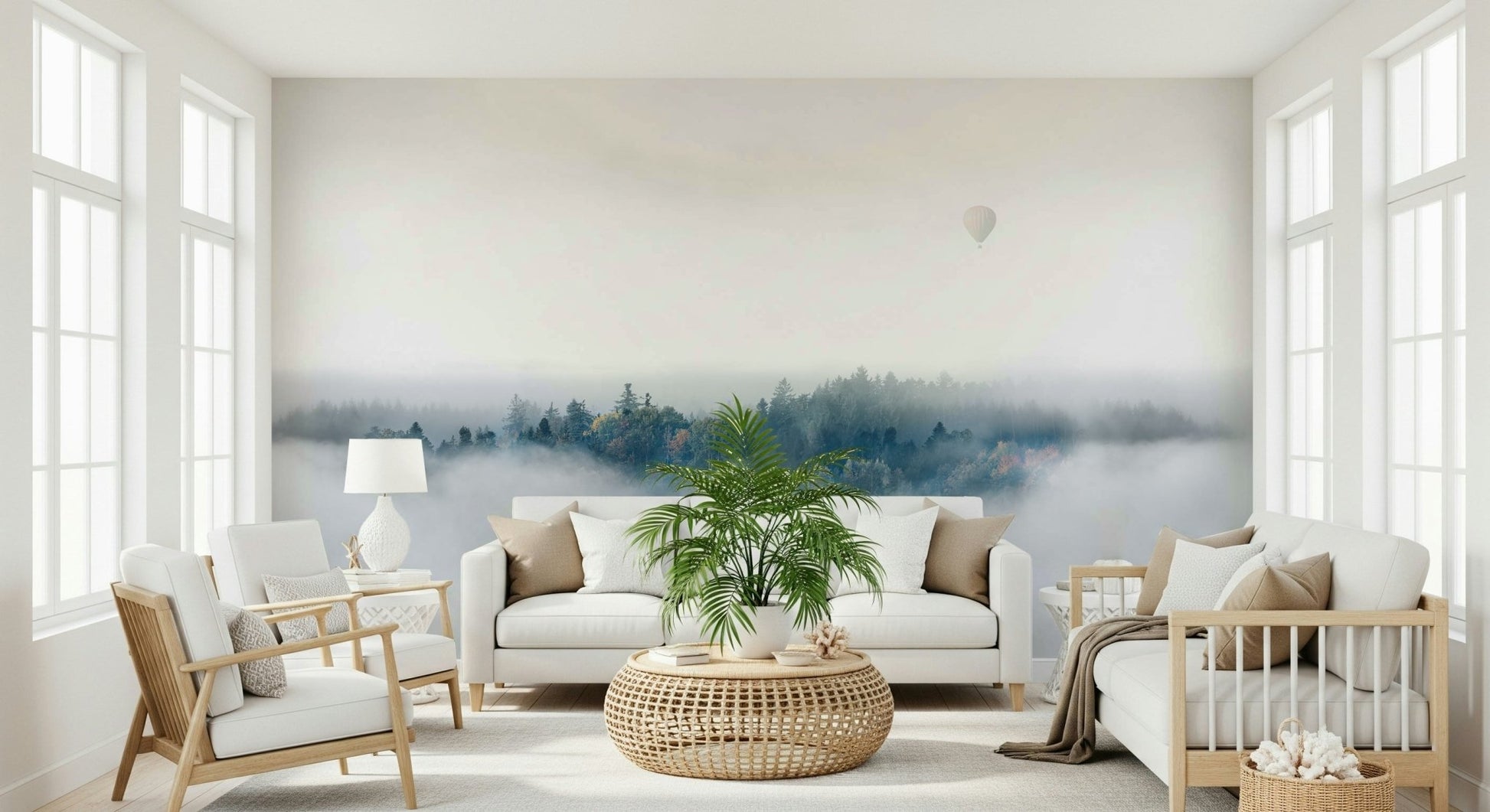 A serene mountain and fog scene wall mural for contemplative decor.
