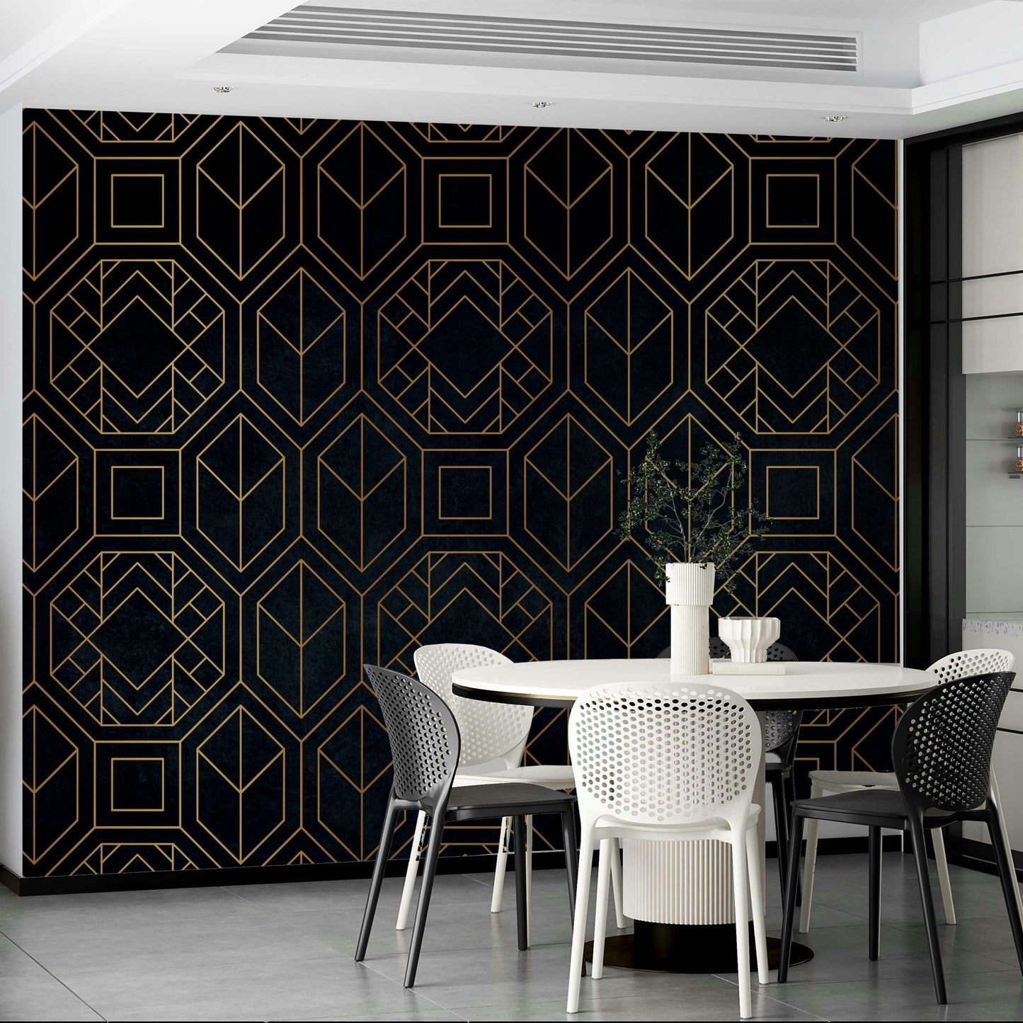Abstract charcoal black Art Deco mural for bedrooms

