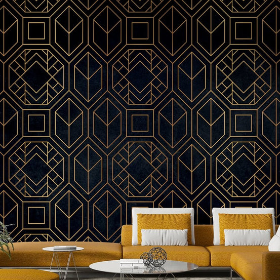 Charcoal black abstract Art Deco wall mural, GD1928