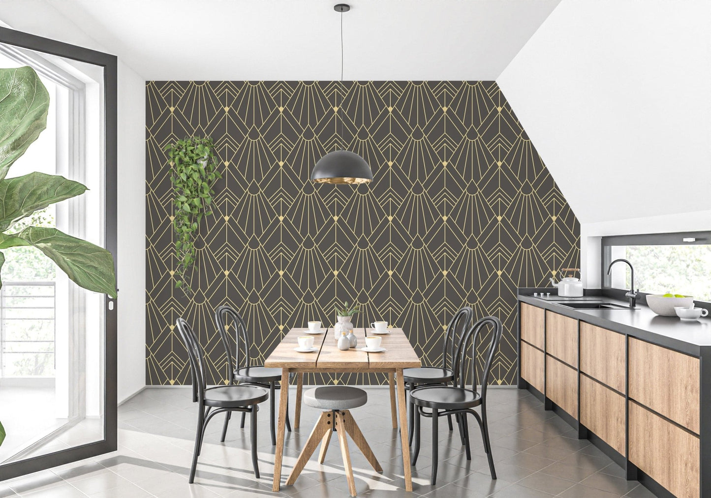 Gold art deco wallpaper with abstract flair A945