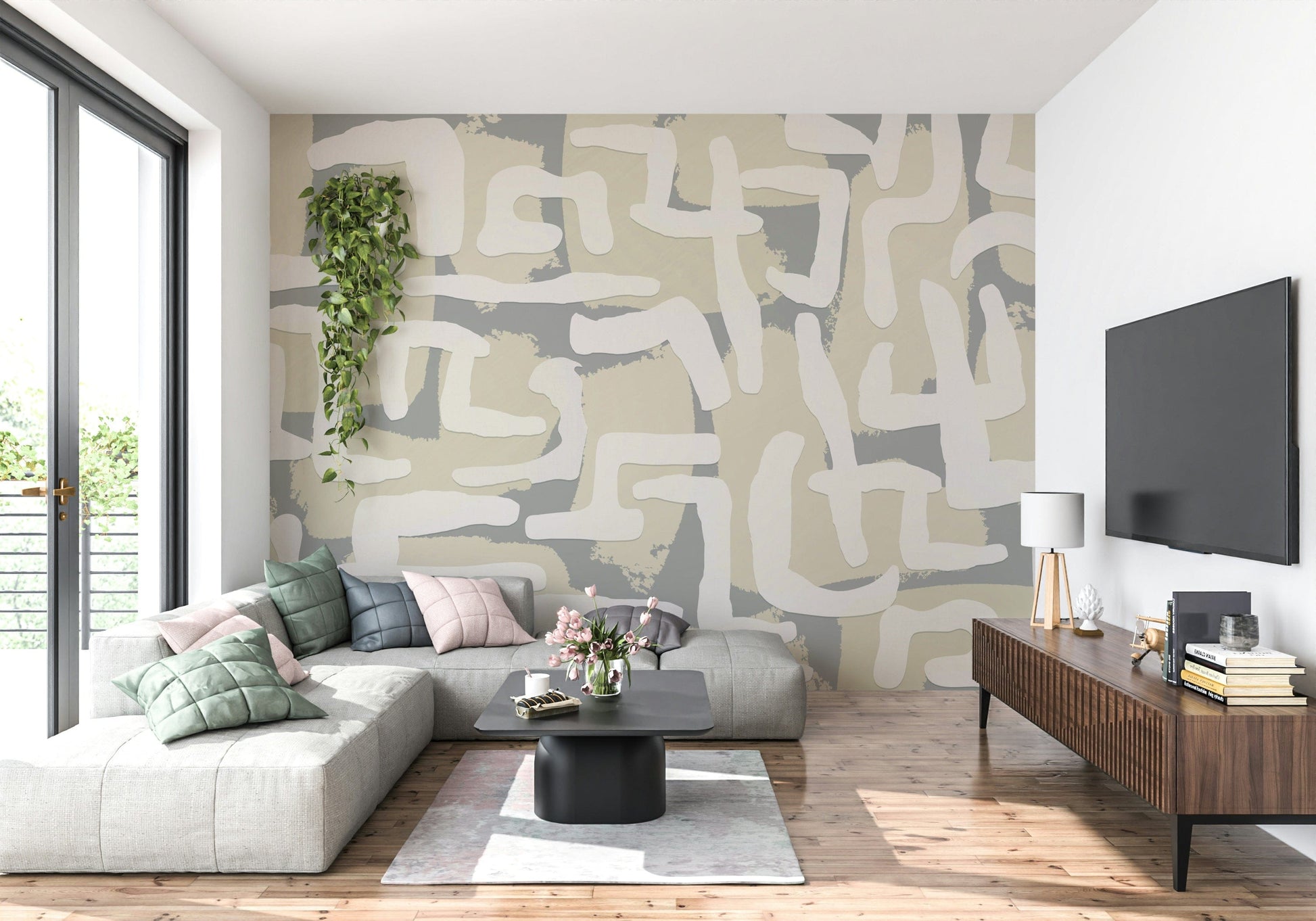 Artistic Abstract Terrain wall mural with fluid shapes in a corridor.