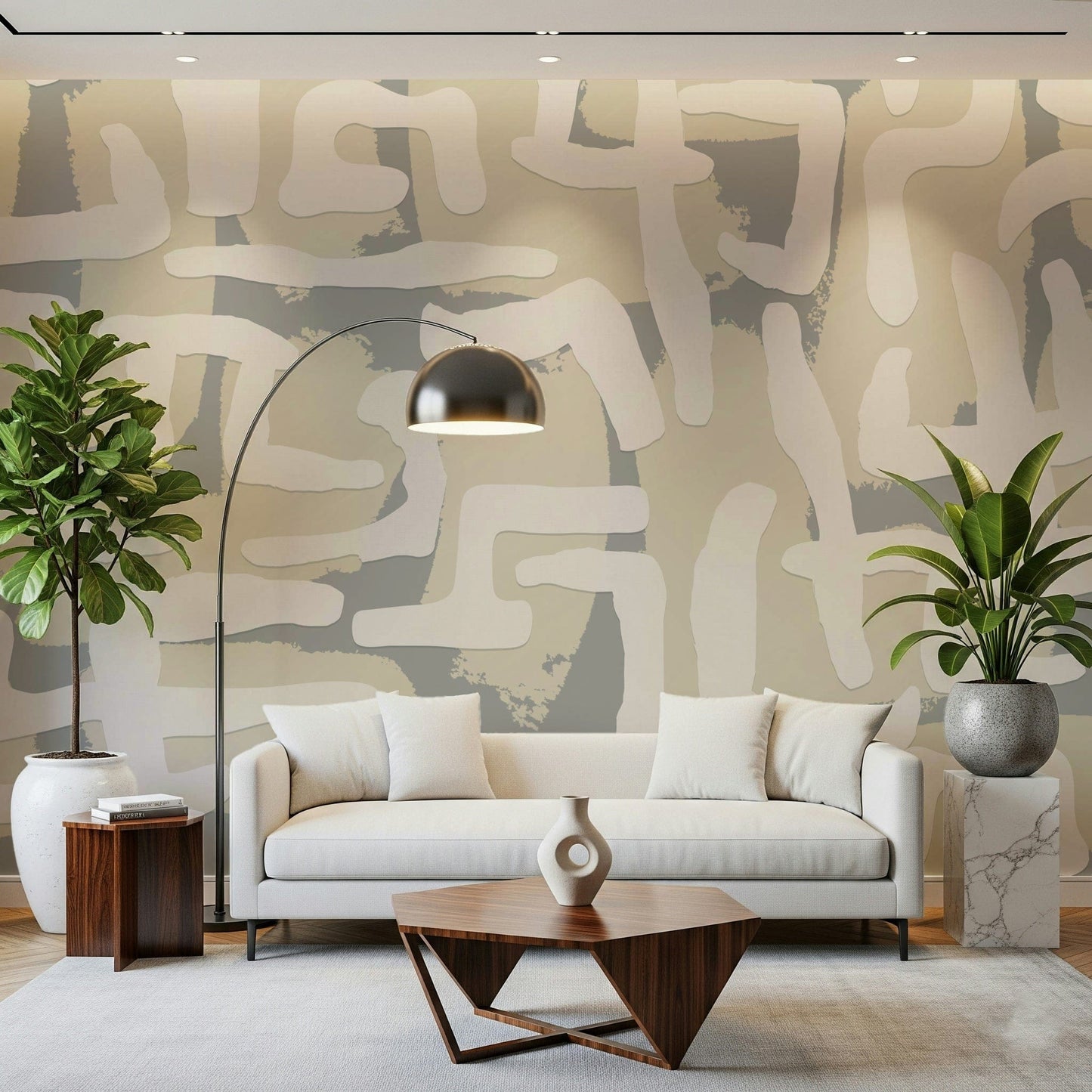 Modern living room featuring a grey Abstract Terrain wallpaper.