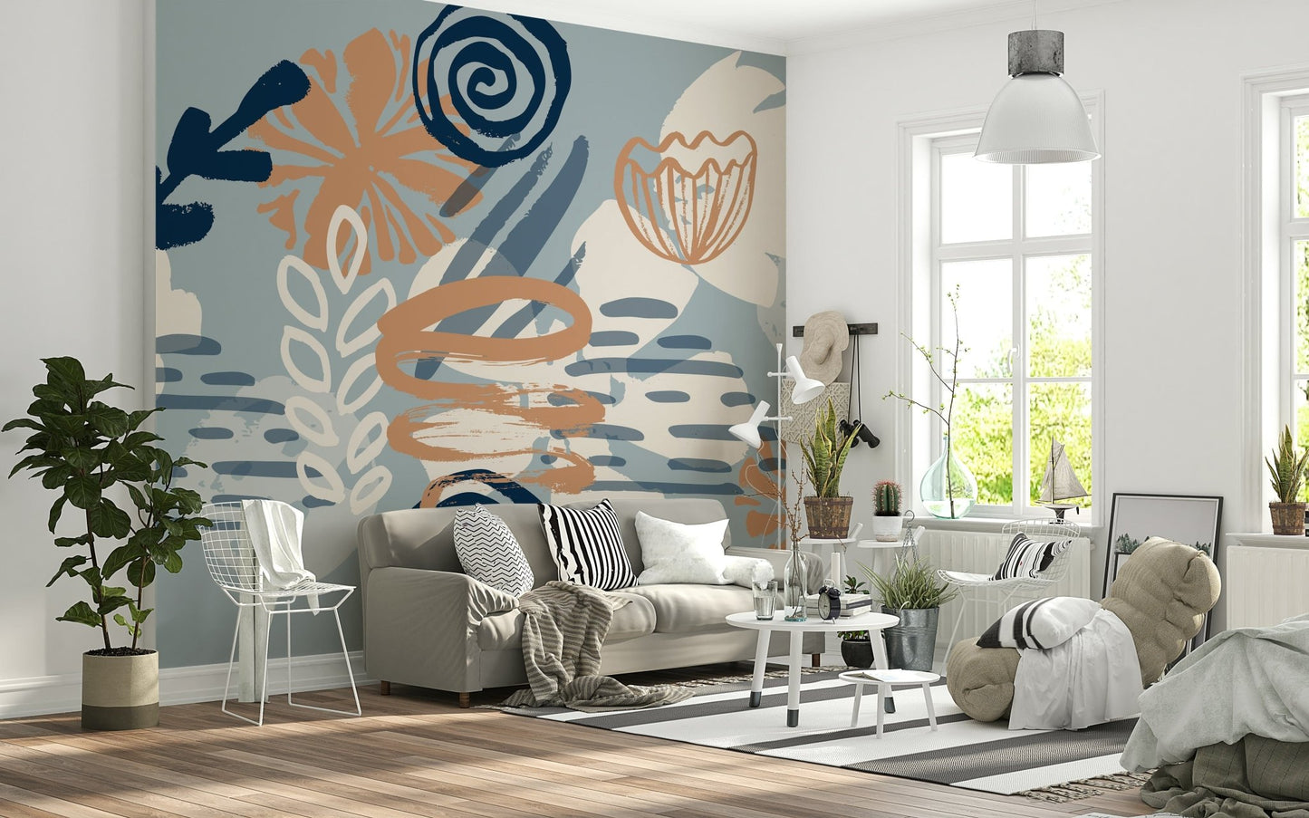 A graceful subtle flower wall mural in soft, elegant tones.