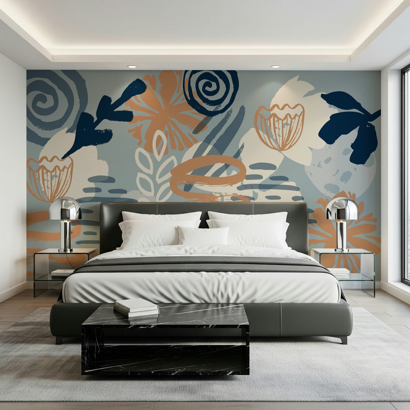 A beautiful abstract floral wallpaper mural for a modern home.