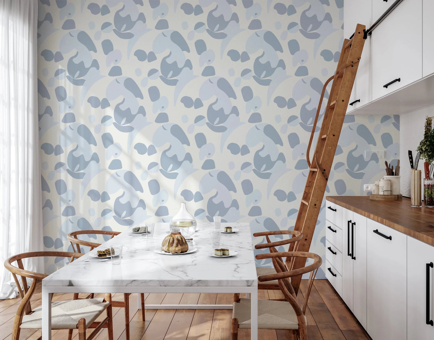 Casual dining setup enhanced by Abstract Blue Cat Wallpaper in the background, GD8144