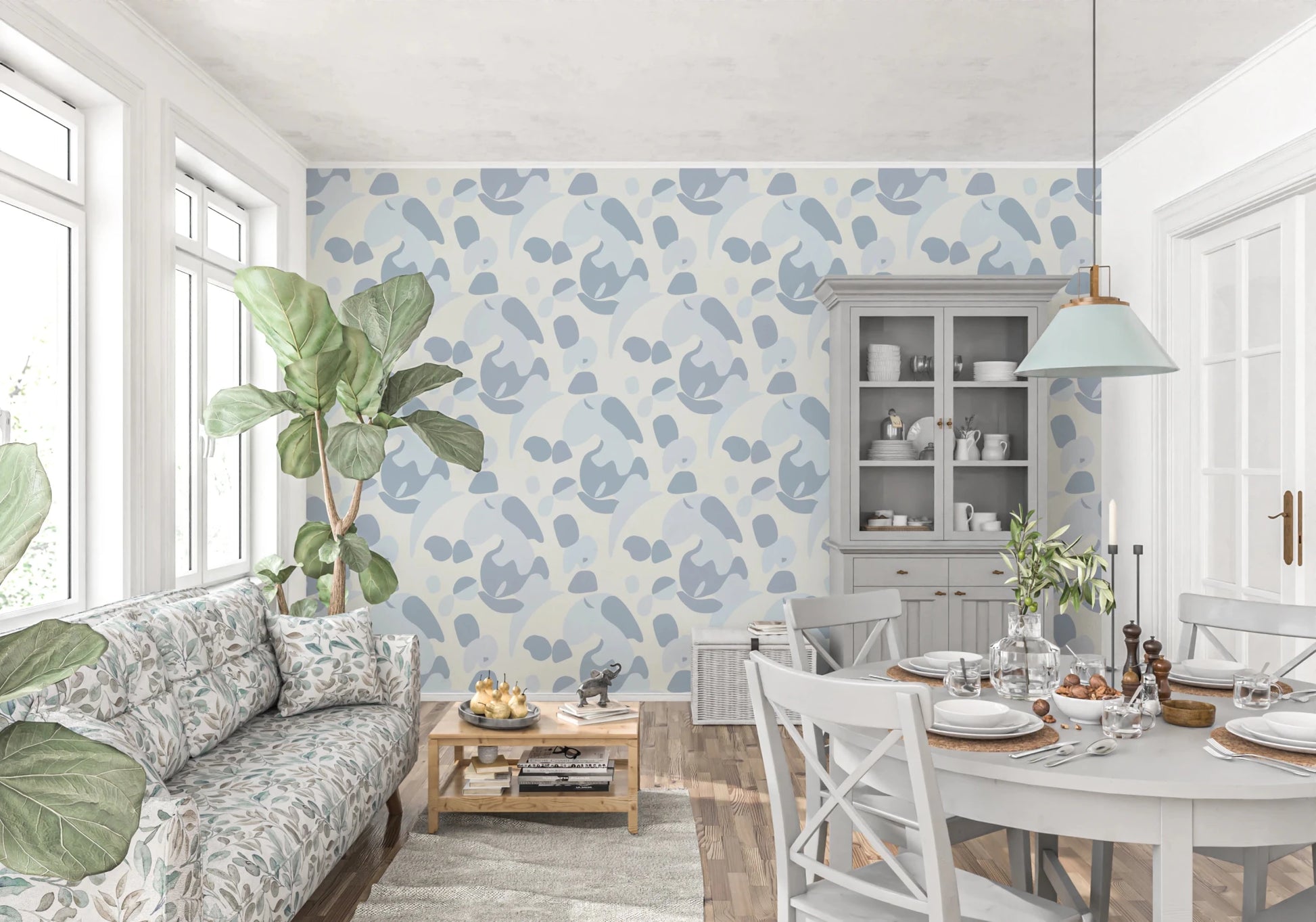 Dining room space where Abstract Blue Cat Wallpaper adds a calm patterned backdrop, GD8144