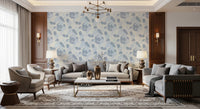 A modern living room featuring Abstract Blue Cat Wallpaper across the main wall, GD8144