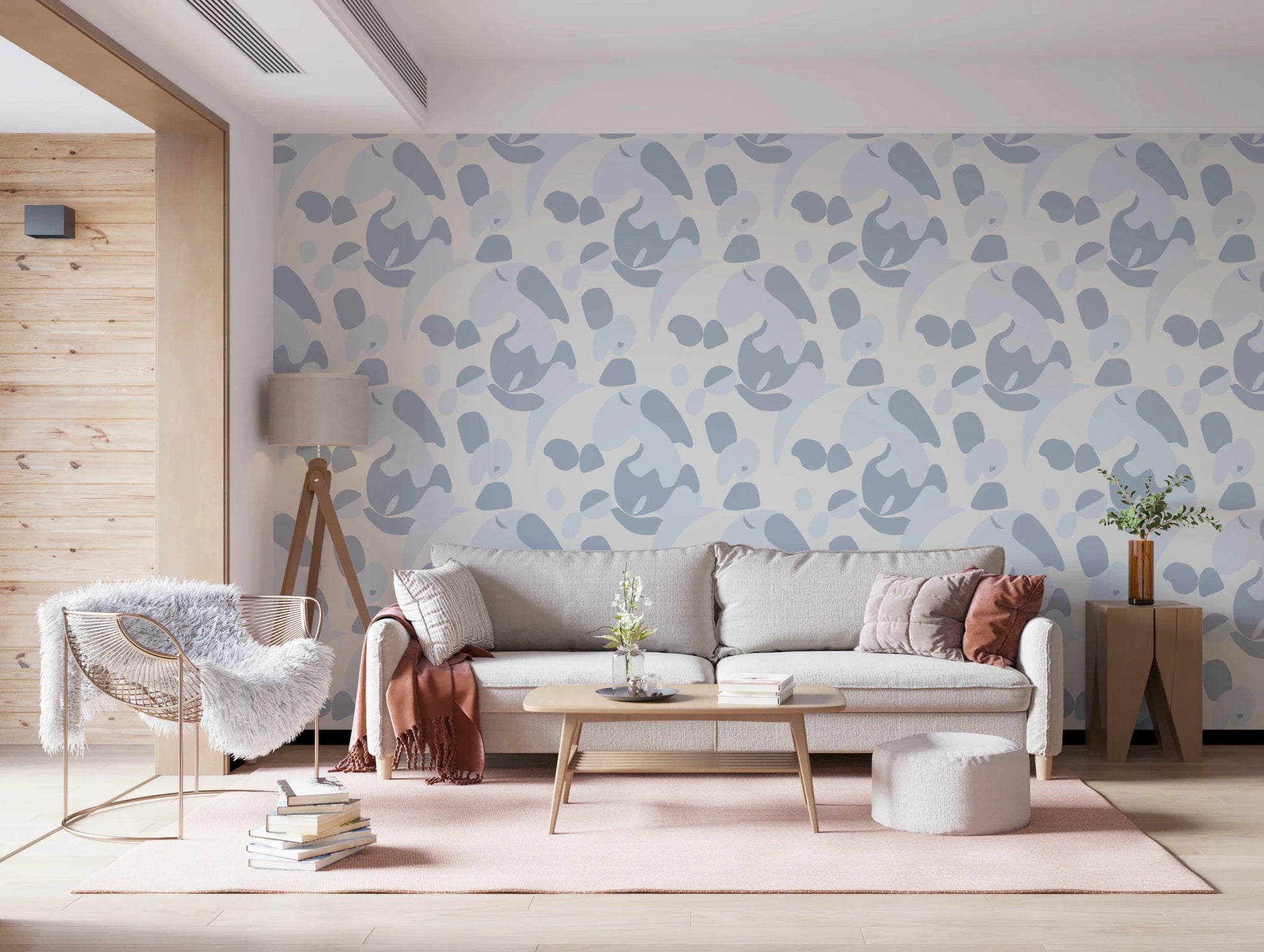 Lounge area styled with Abstract Blue Cat Wallpaper creating a relaxed visual flow, GD8144