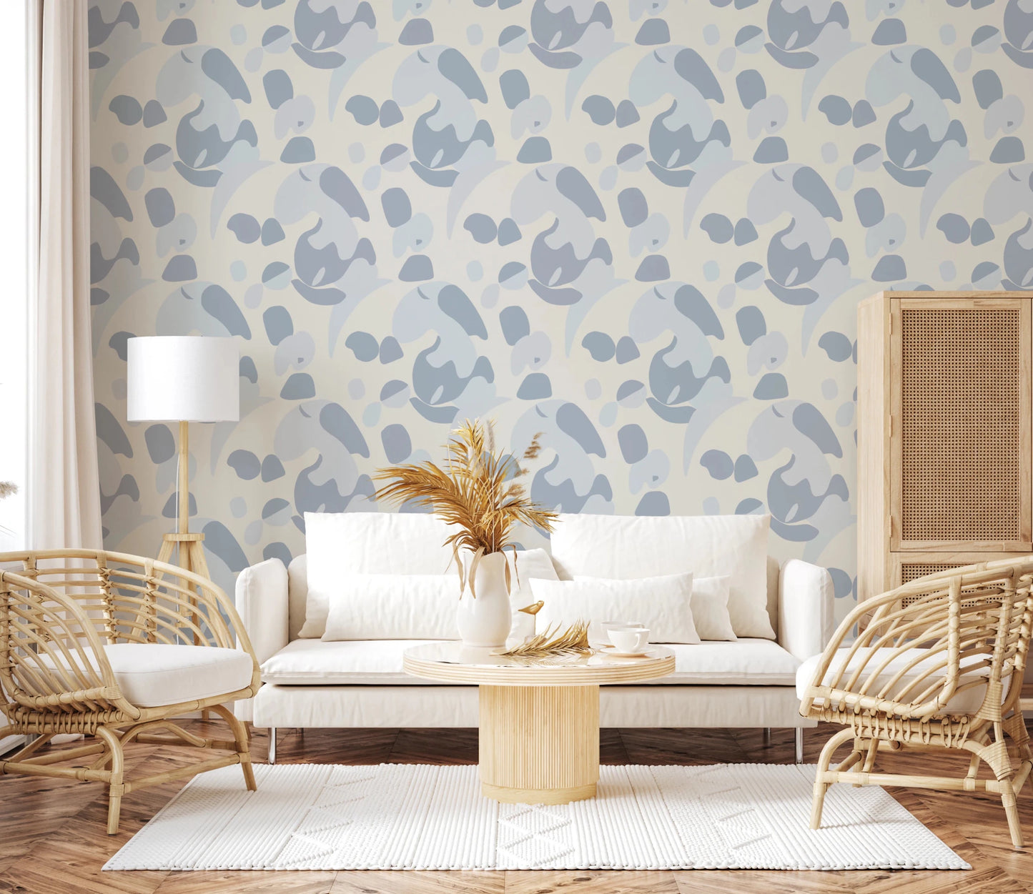 Bright sitting room where Abstract Blue Cat Wallpaper spreads evenly across the wall, GD8144