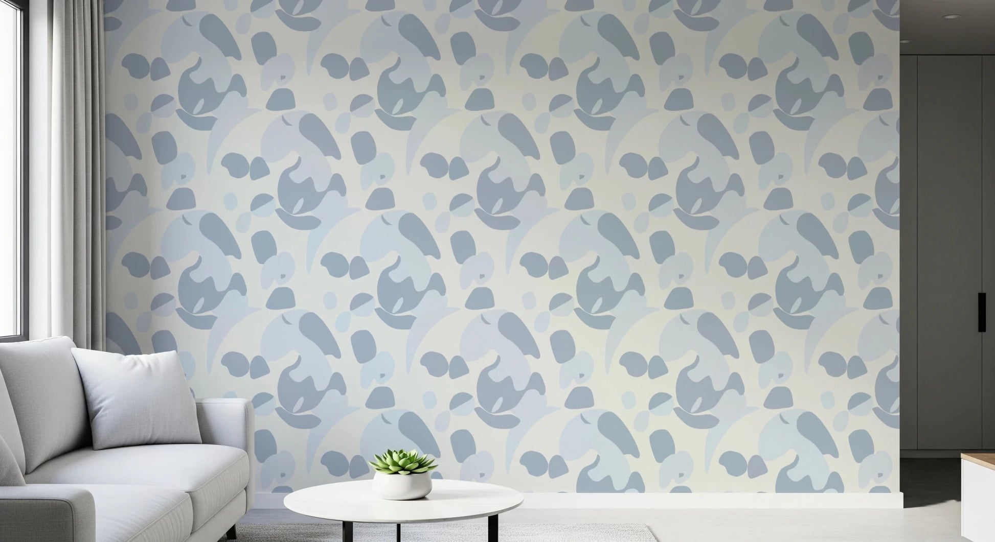 Cozy bedroom corner shaped by Abstract Blue Cat Wallpaper and muted blue forms, GD8144