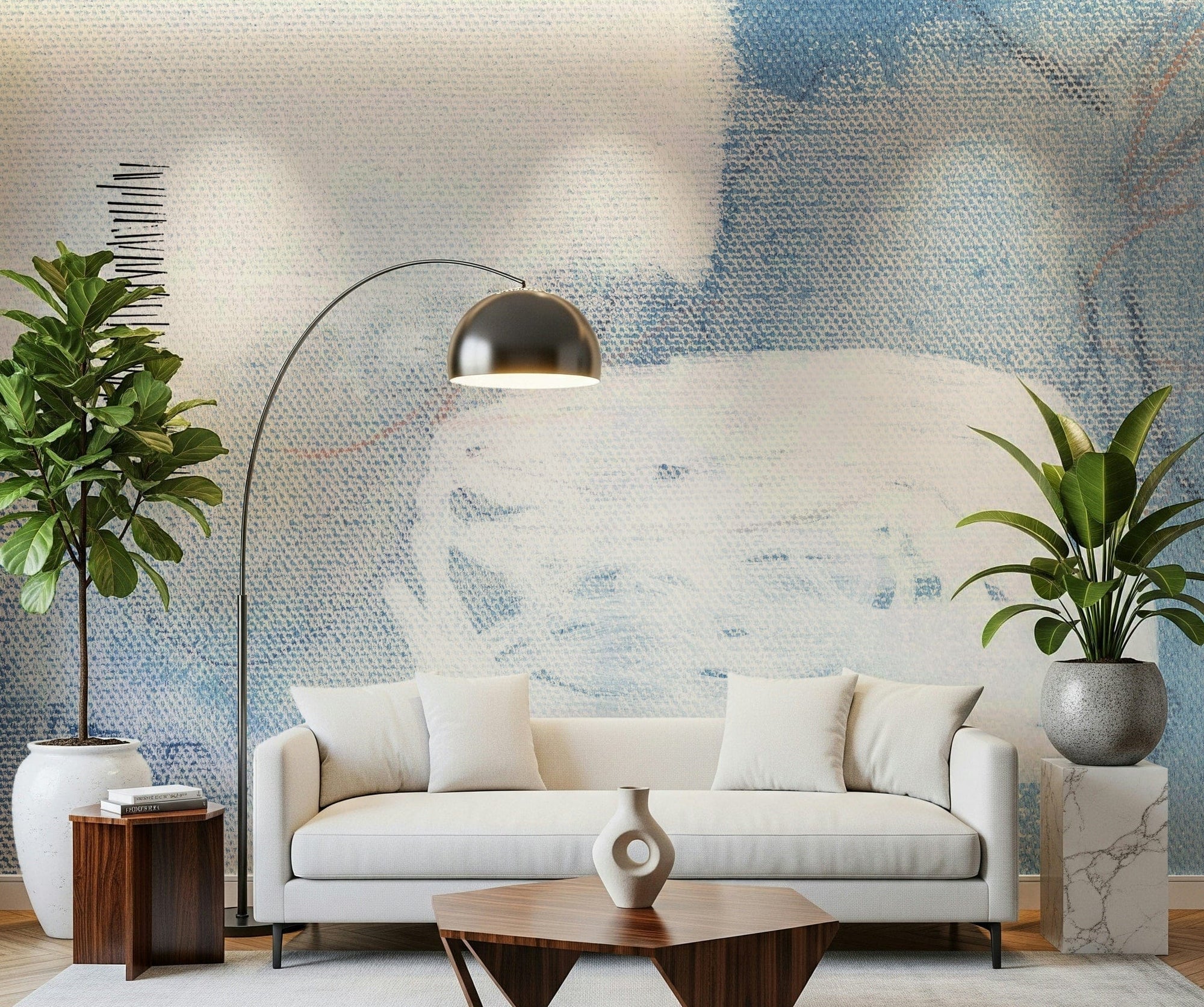 Cool-toned abstract wall mural bringing a calm feel to a living room., GD5490