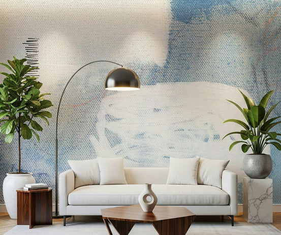 Cool-toned abstract wall mural bringing a calm feel to a living room., GD5490
