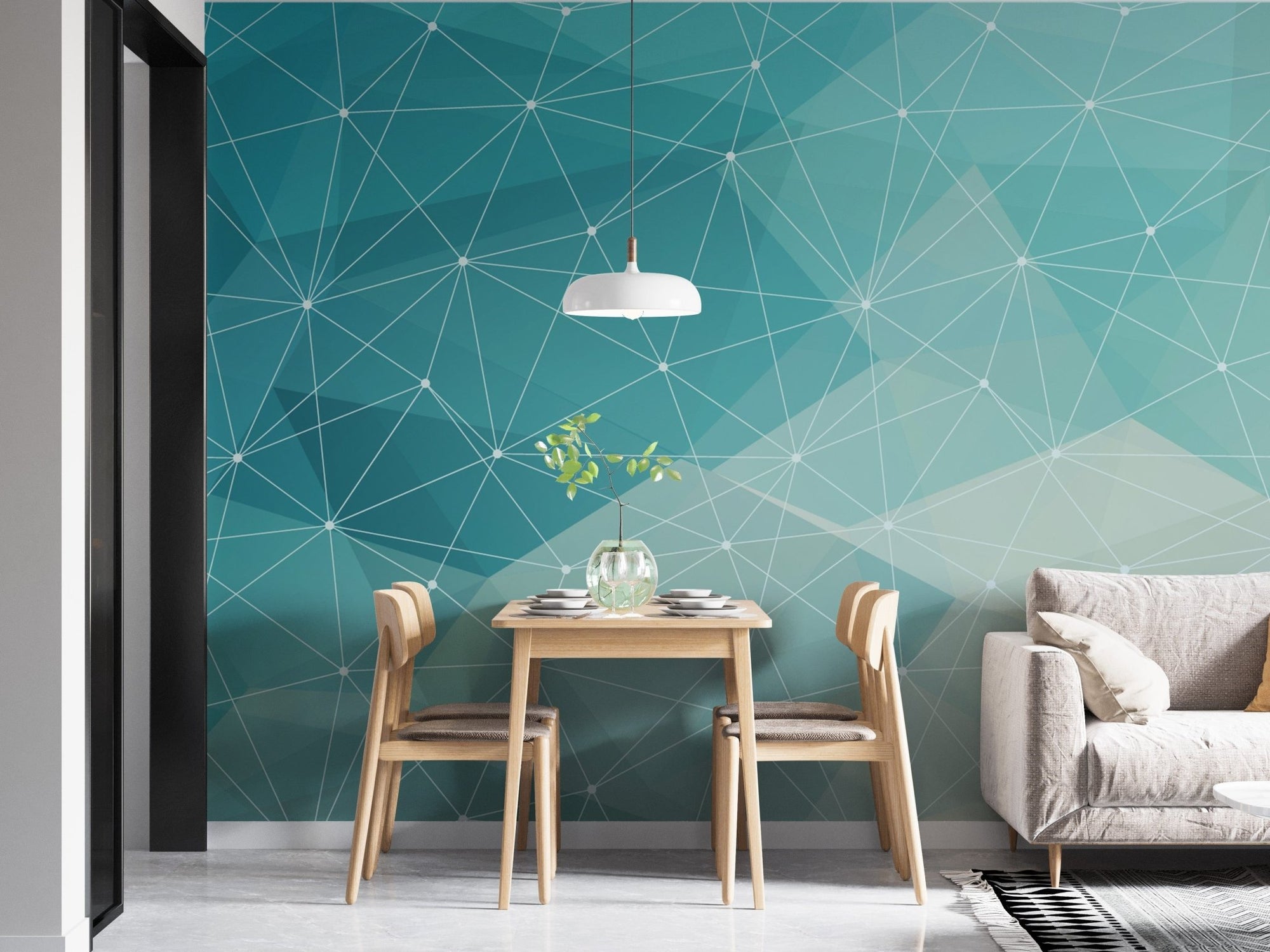 White and blue geometric line mural design. A954