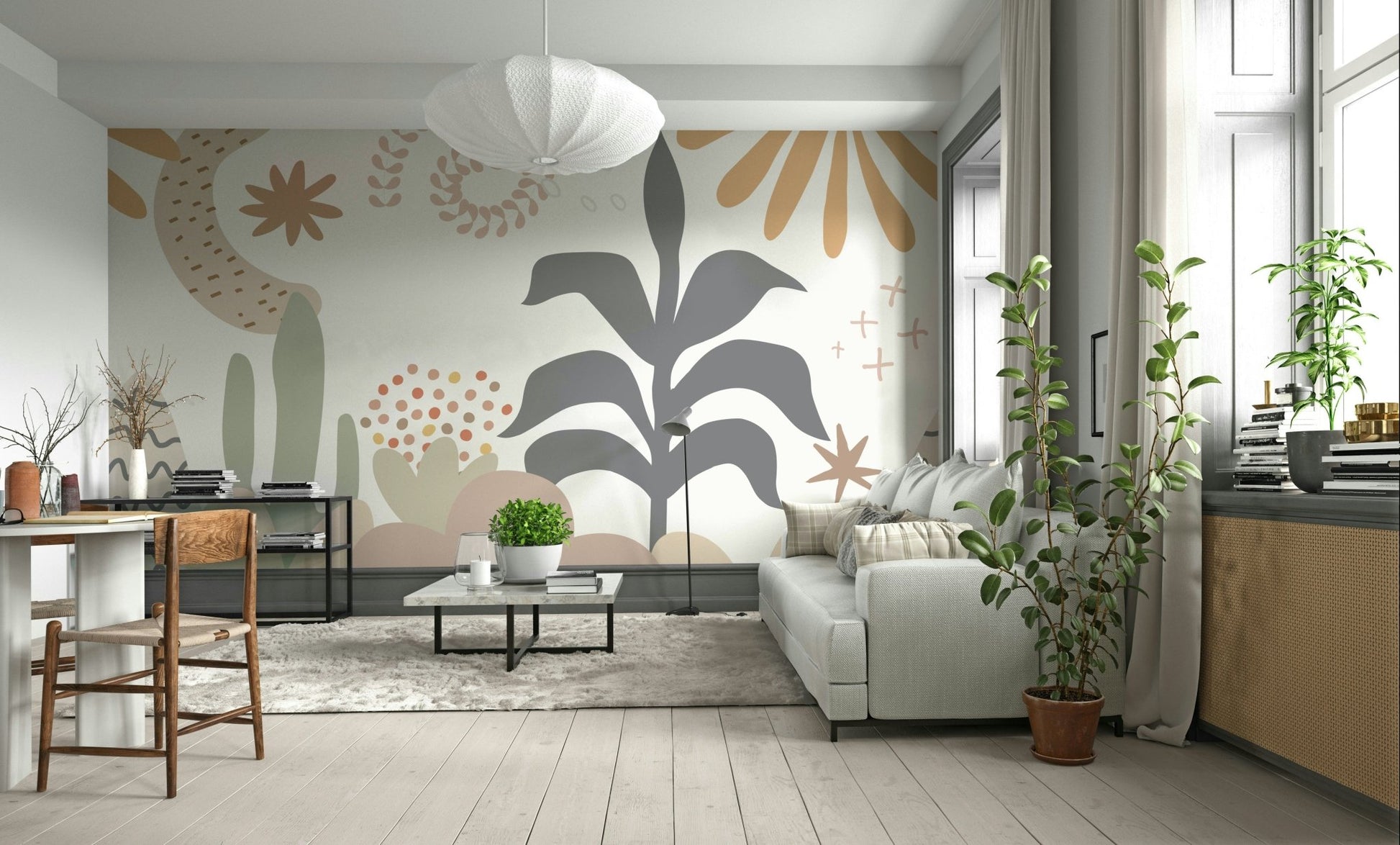 An abstract wall mural featuring a pattern of stylized leaves.

