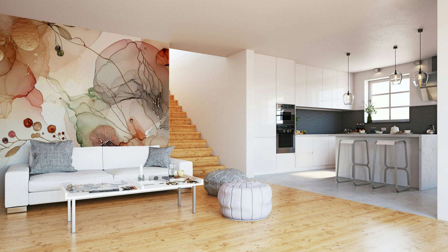 Abstract botanical mural with fluid shapes

