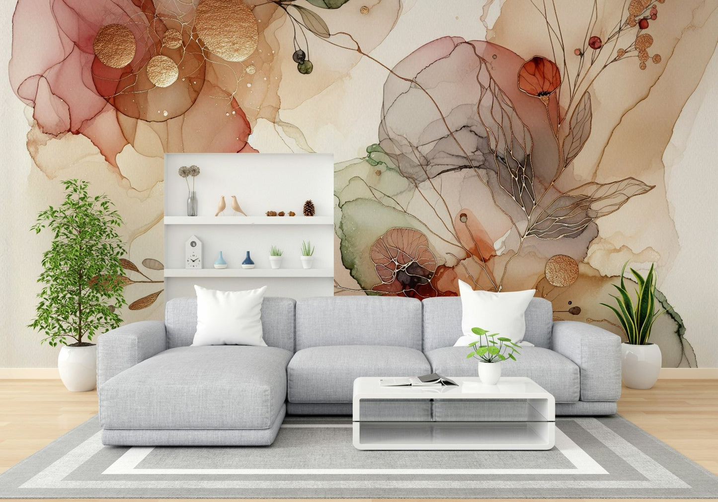 Abstract botanical mural with rich tones

