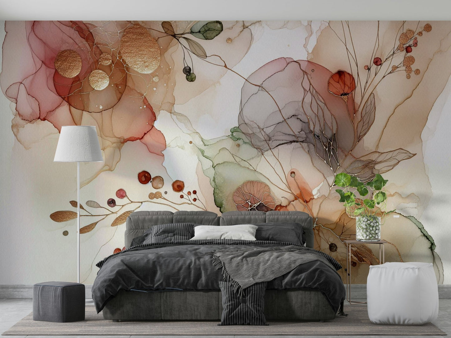 Abstract botanical mural with fluid shapes


