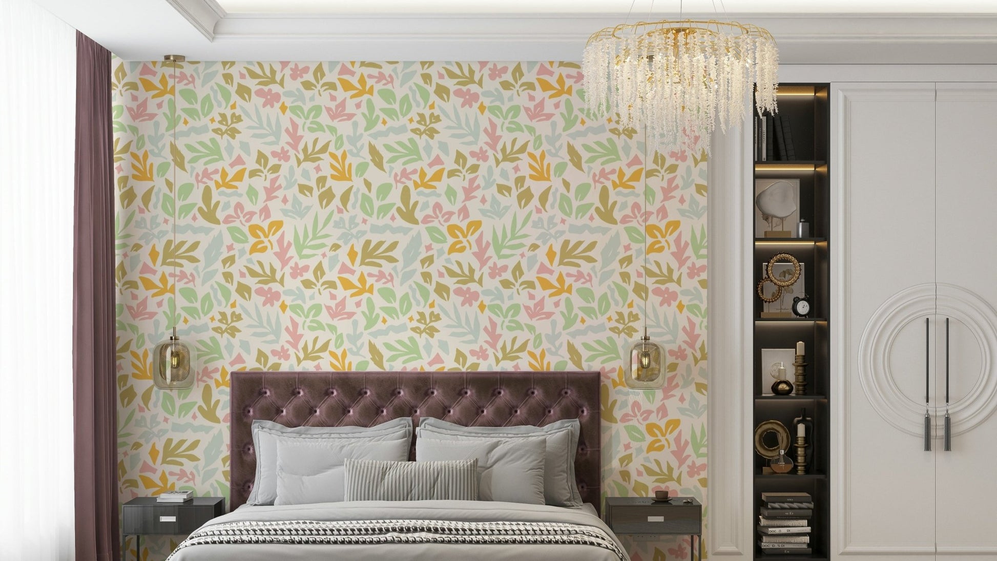 Simplified leaf, petal, and stem forms are scattered across the paper.
