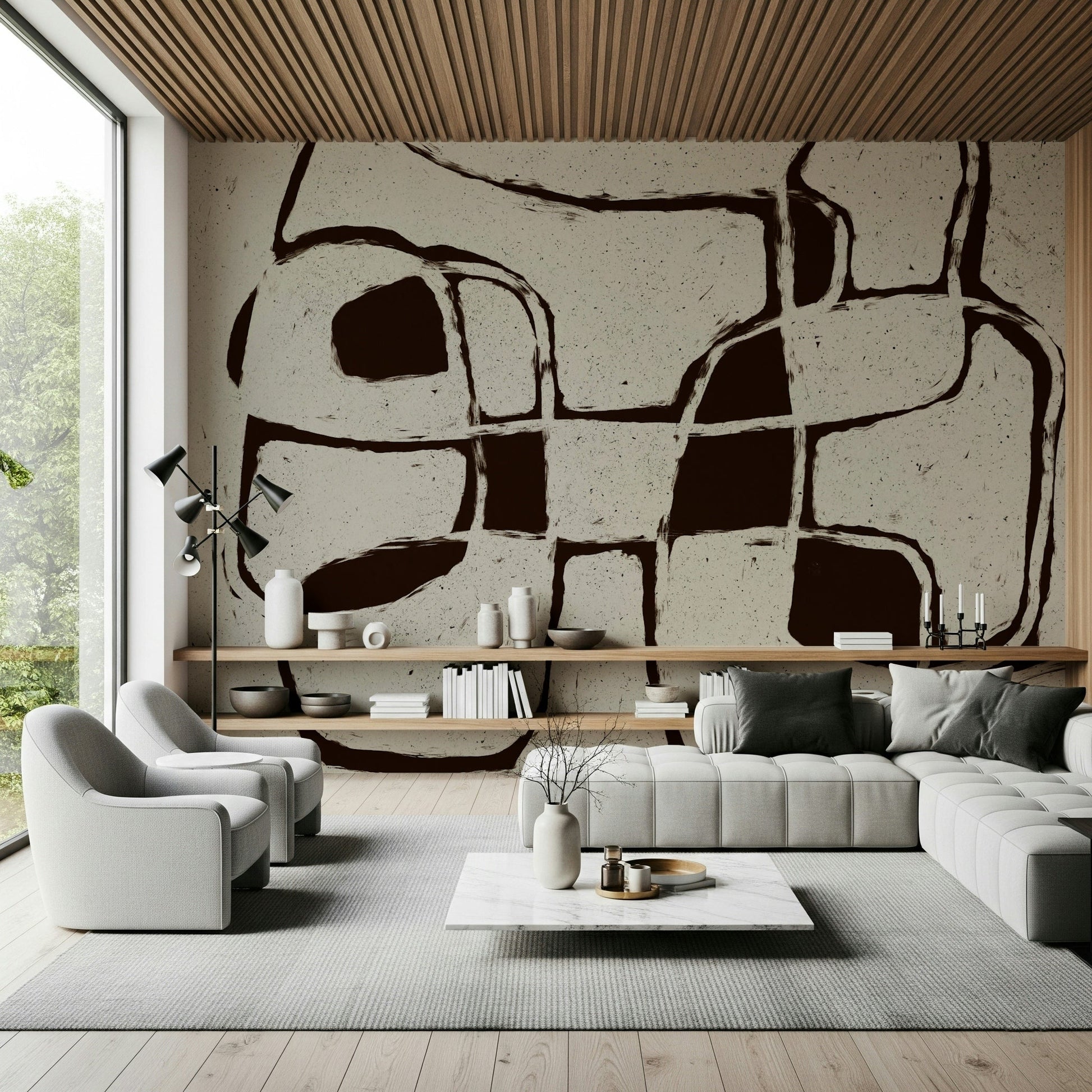 An artistic watercolor effect mural on minimalist wallpaper., GD5517
