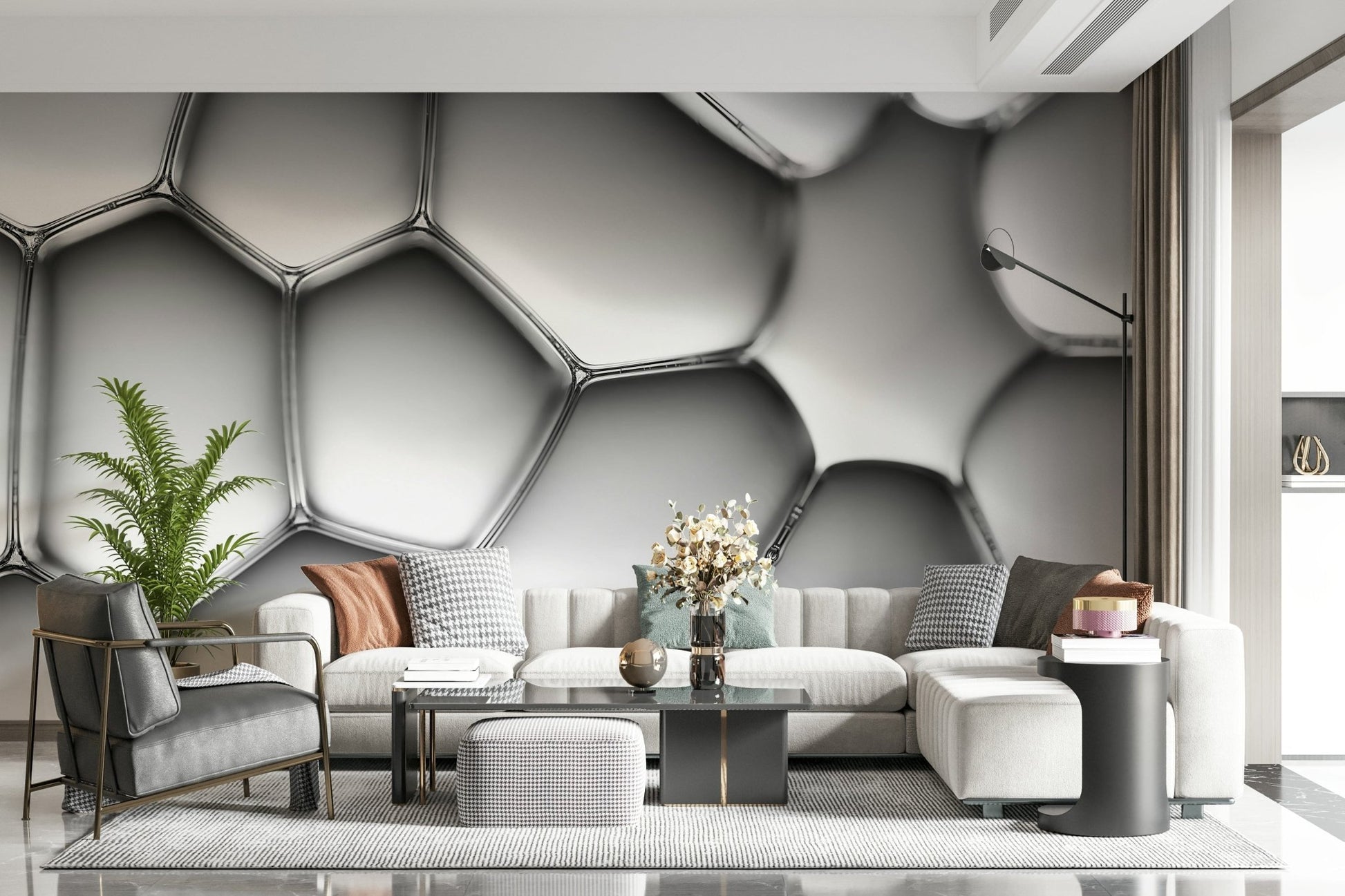 A peaceful modern abstract mural on decorative wallpaper.