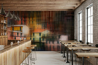 An artistic abstract block mural on minimalist wallpaper.