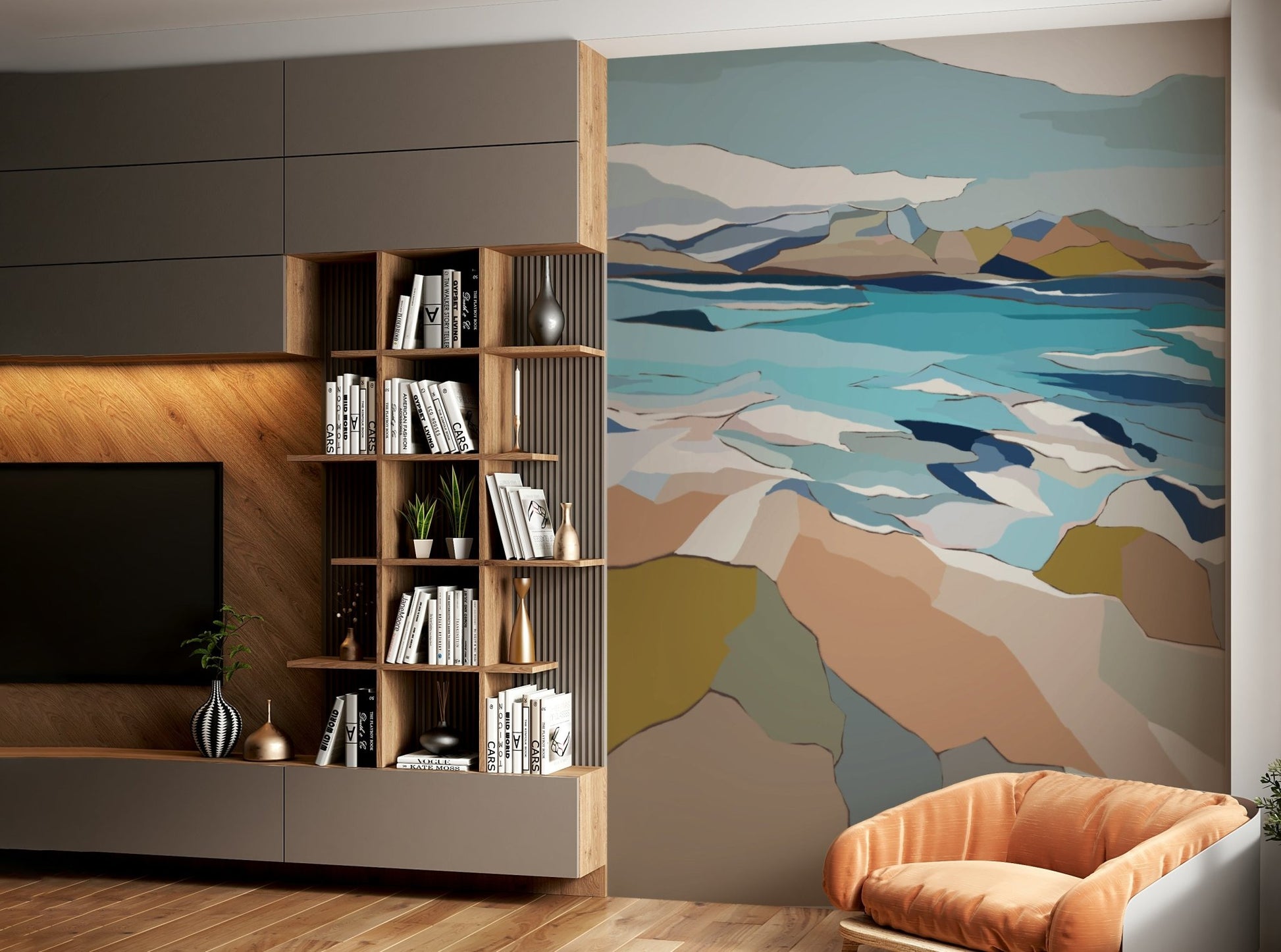 Creative space with flowing coastal wallpaper, GD1078