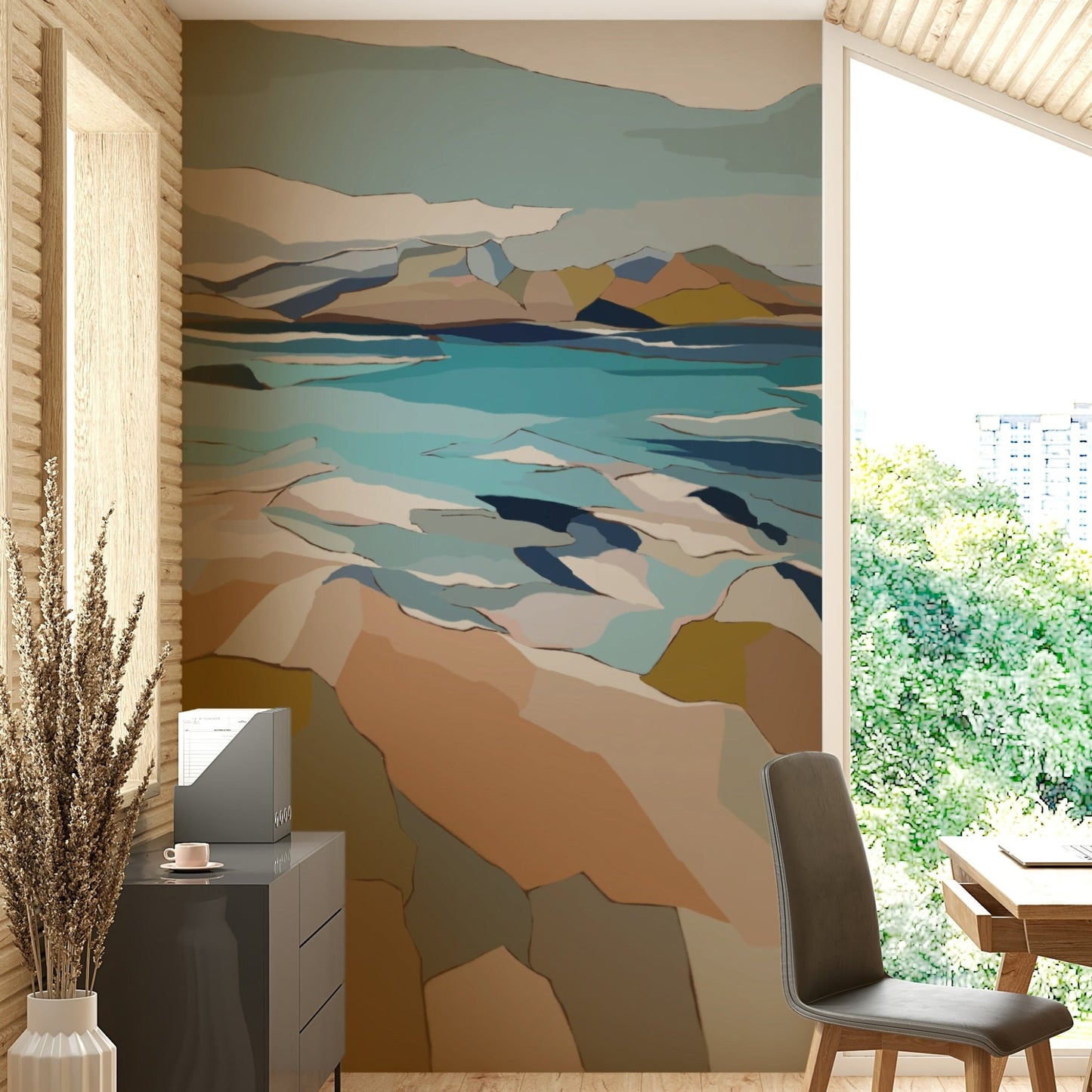 Bedroom decorated with abstract coastal mural, GD1078