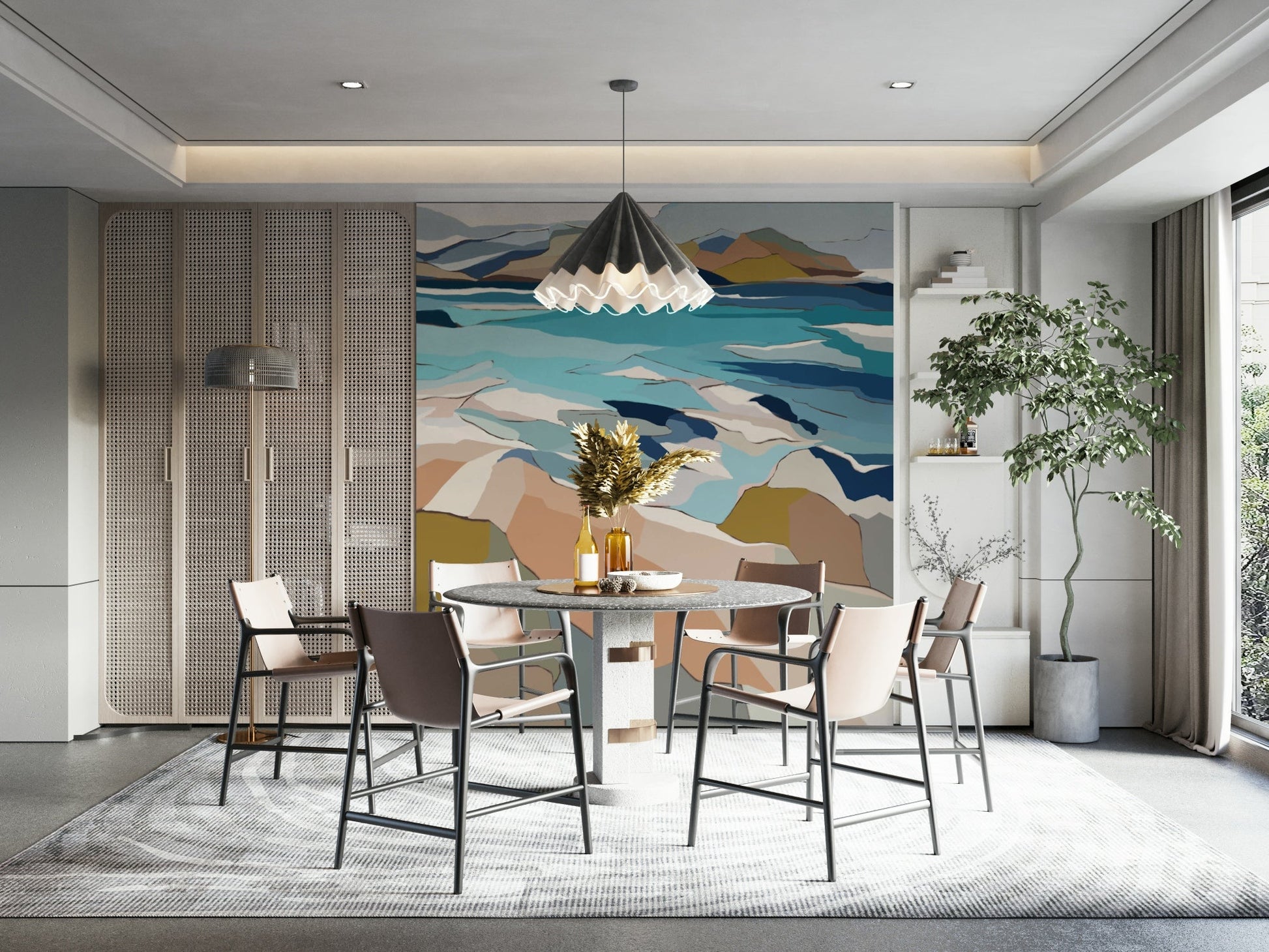 Soft blue and beige abstract mural wallpaper, GD1078