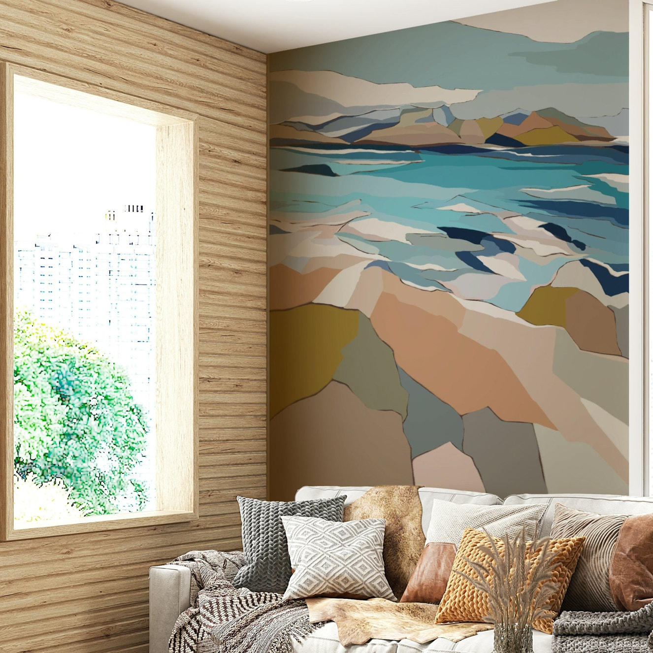 Abstract Coastal Escape wall mural on living room wall

