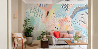 Playful colorful mural wallpaper pattern

