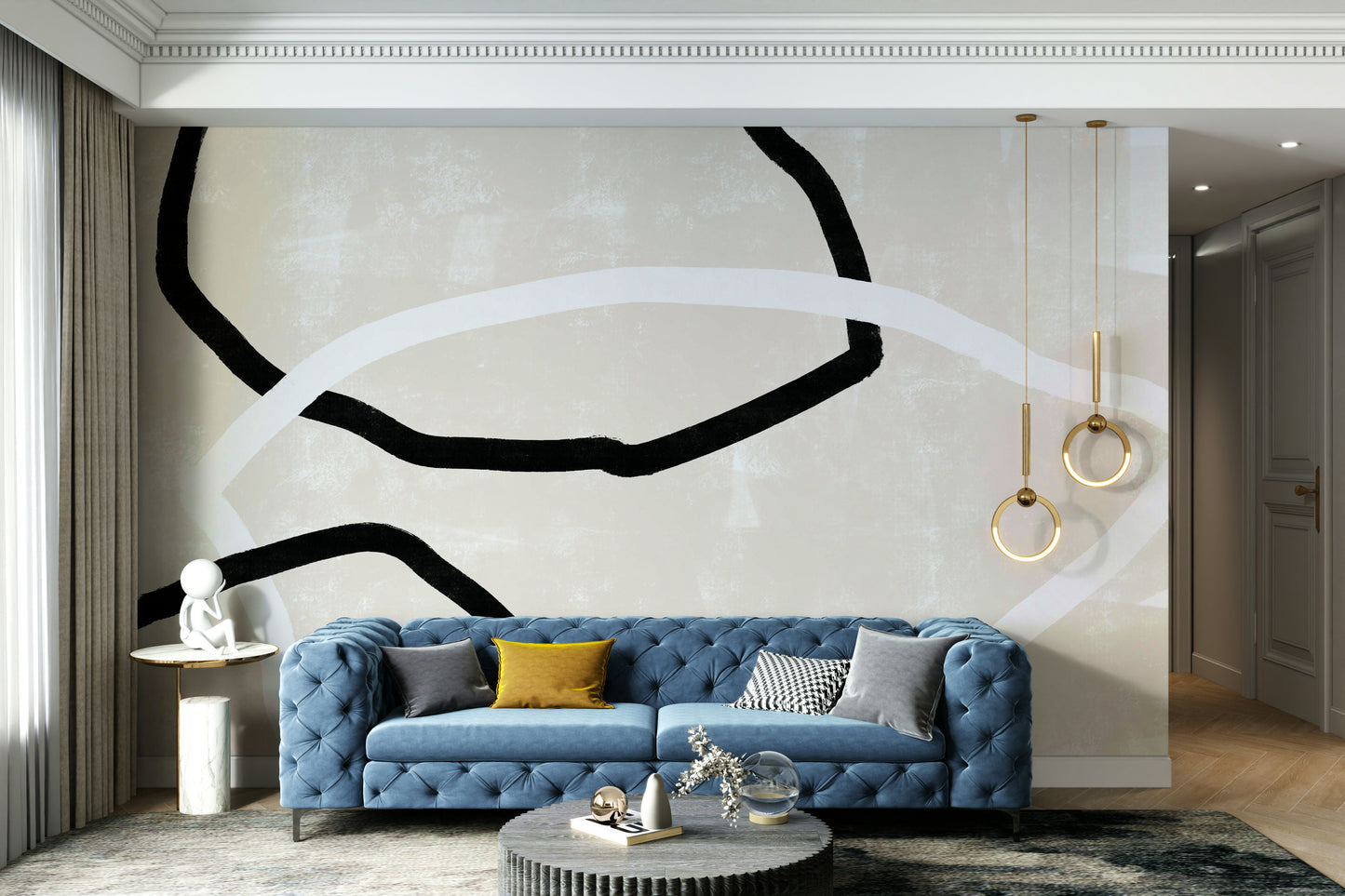 A beautiful modern art wall mural of soft shapes.

