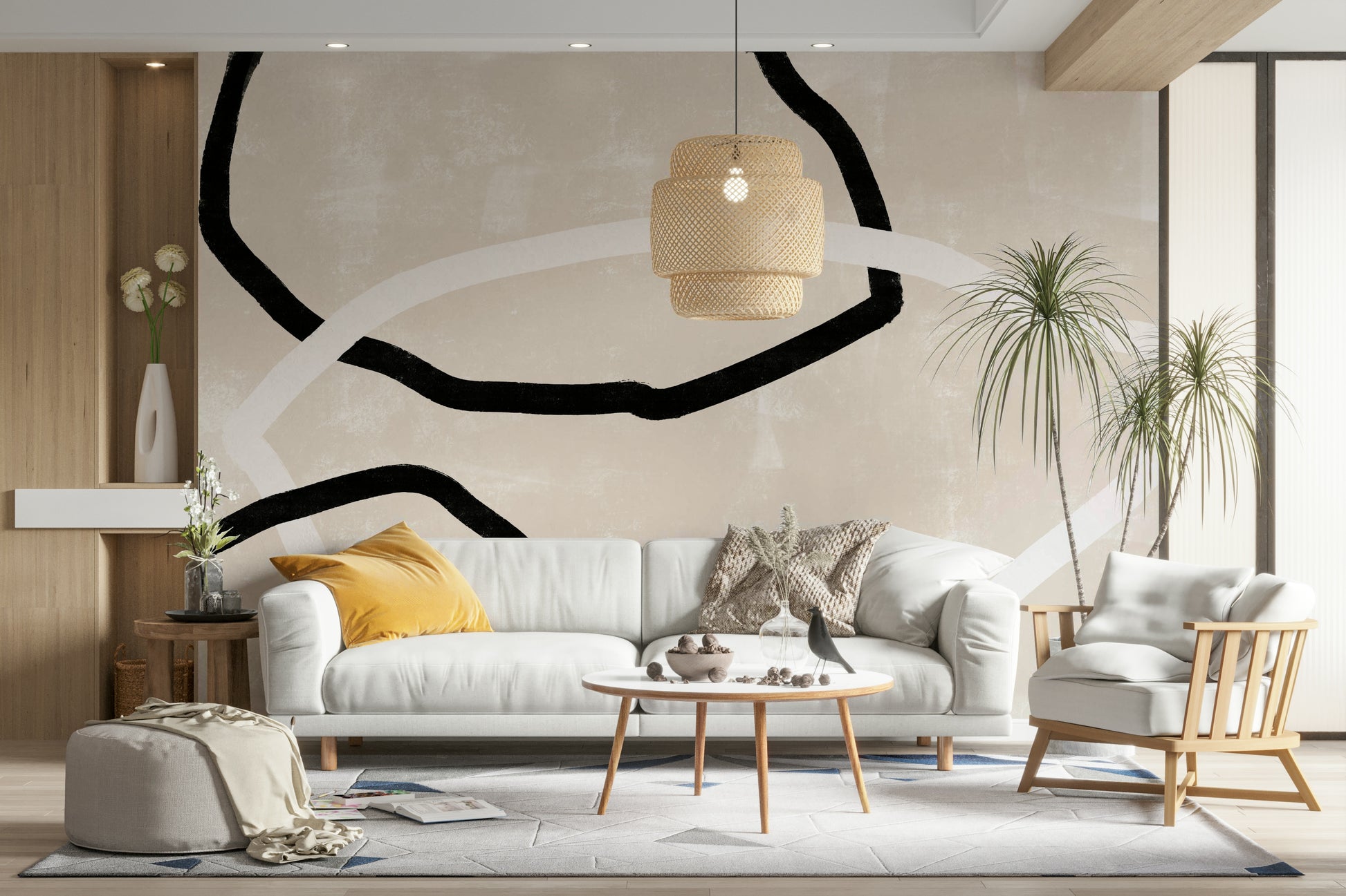 An artistic soft flowing mural on minimalist wallpaper.

